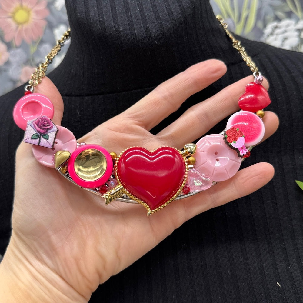 Adorned Crown Jewelry assemblage hearts ablaze pink red bib necklace