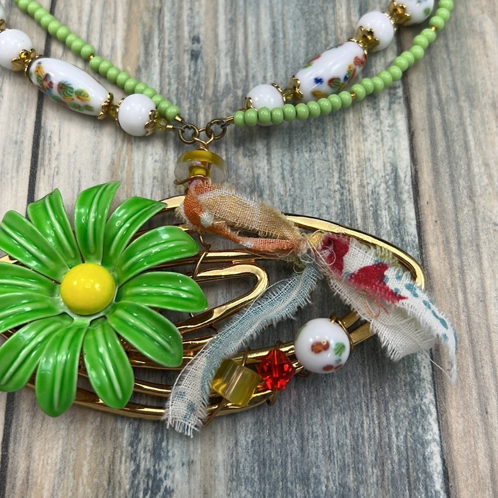 Adorned Crown Jewelry Artisan Assemblage atomic green enamel flower necklace