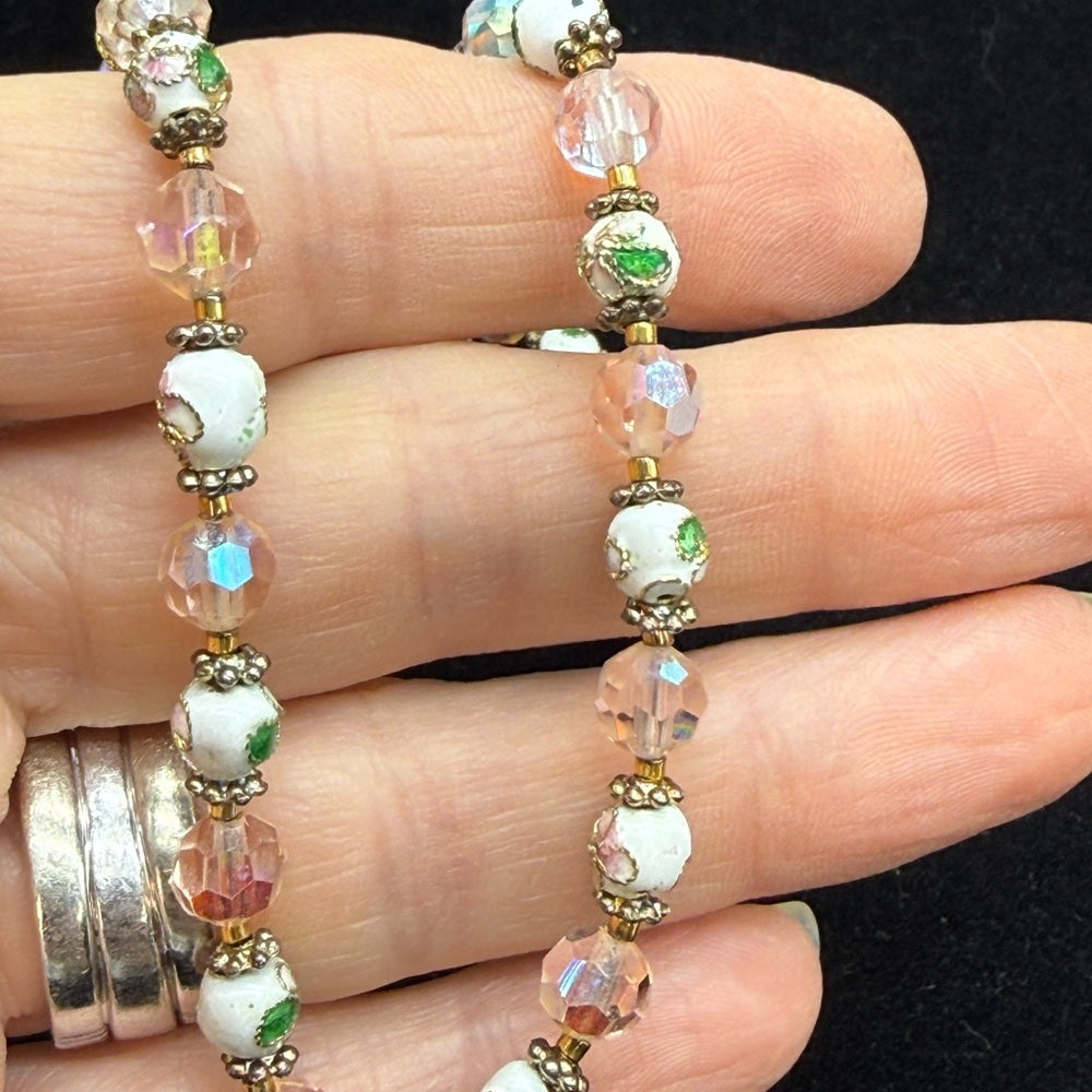 Adorned Crown Jewelry assemblage pink cloisonné crystal bead spoon necklace