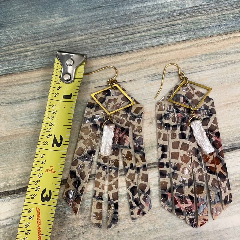 Adorned Crown brass leather animal print fringe pearl drop earrings