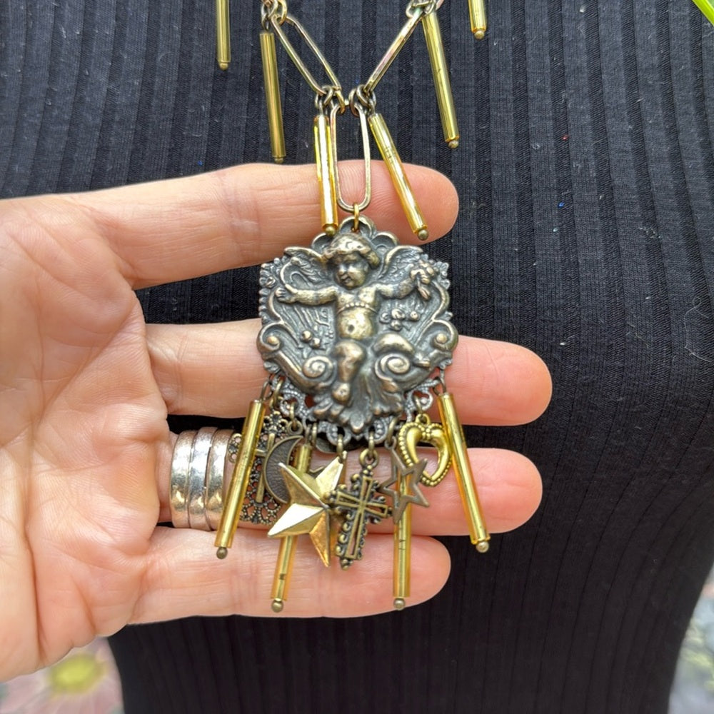 Adorned Crown Jewelry assemblage mixed metal cherub charm bugle necklace