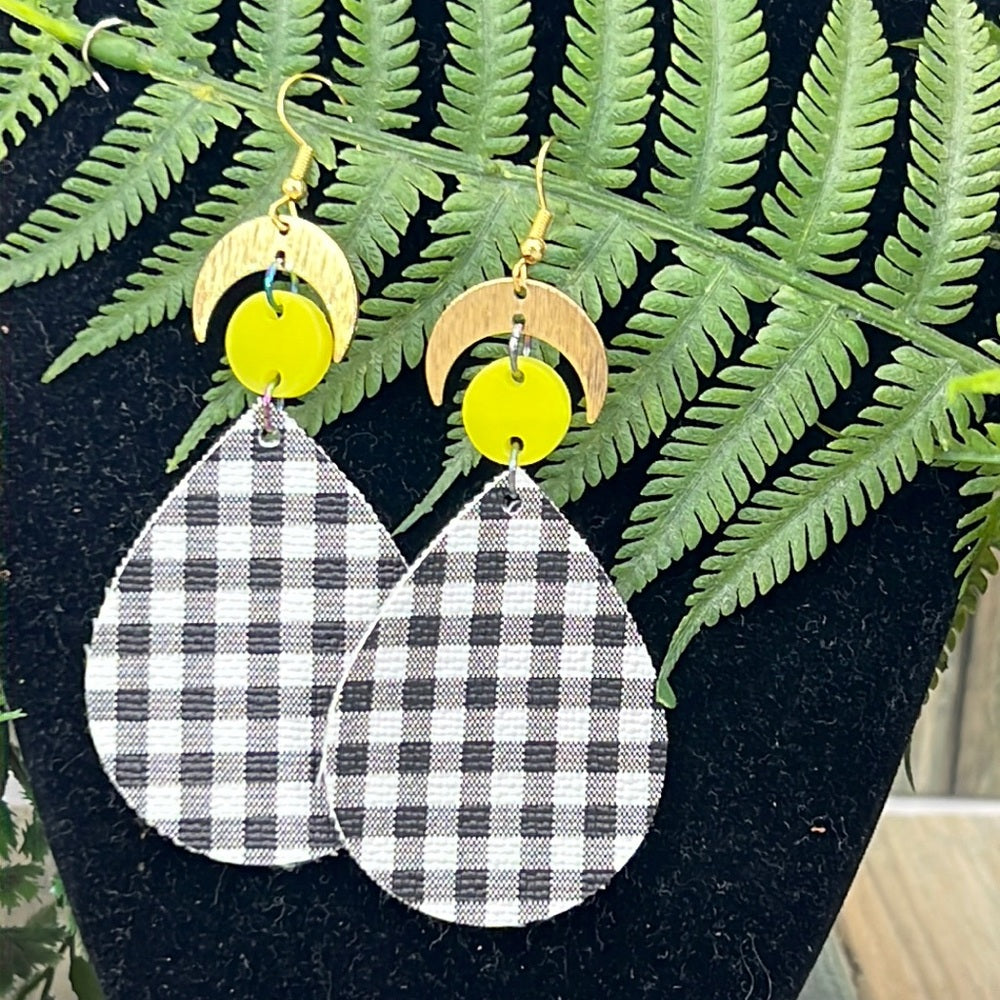 Adorned Crown Artisan Assemblage faux leather yellow acrylic moon earrings
