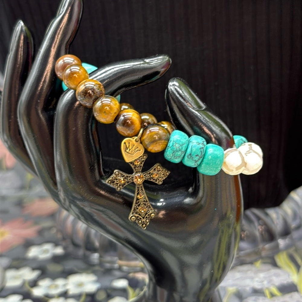 Adorned Crown Jewelry assemblage stretch beaded turquoise cross bracelet