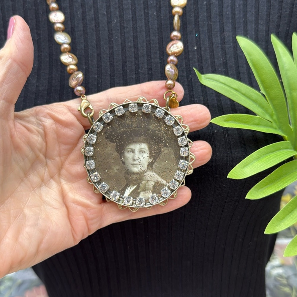 Adorned Crown Jewelry assemblage filigree vintage photo pendant pearl necklace