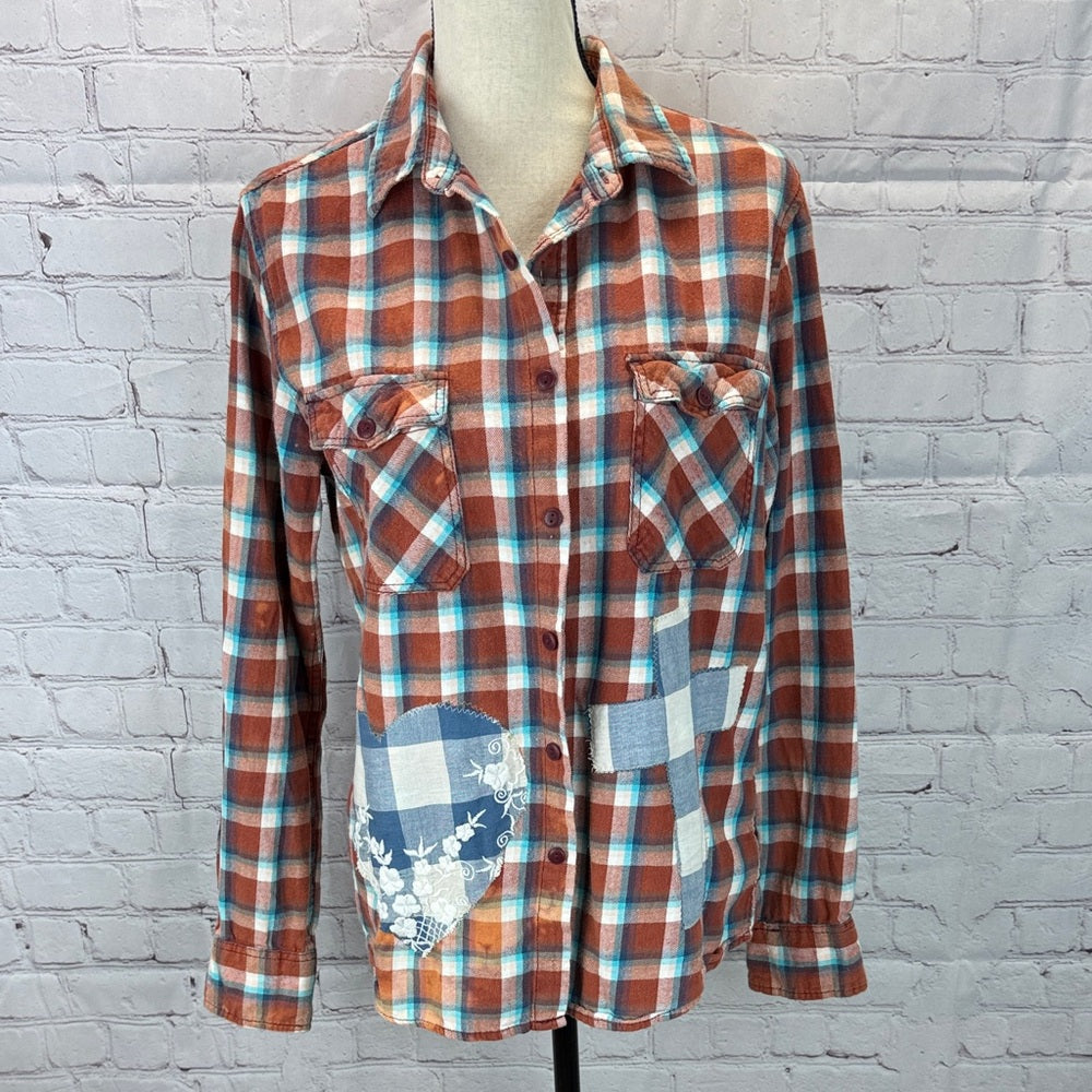 Adorned Crown Jewelry textile altered flannel amazing grace button down sz Med