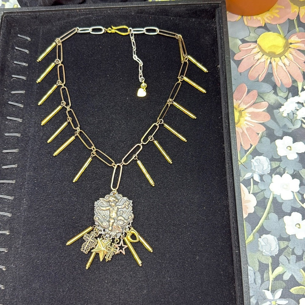 Adorned Crown Jewelry assemblage mixed metal cherub charm bugle necklace