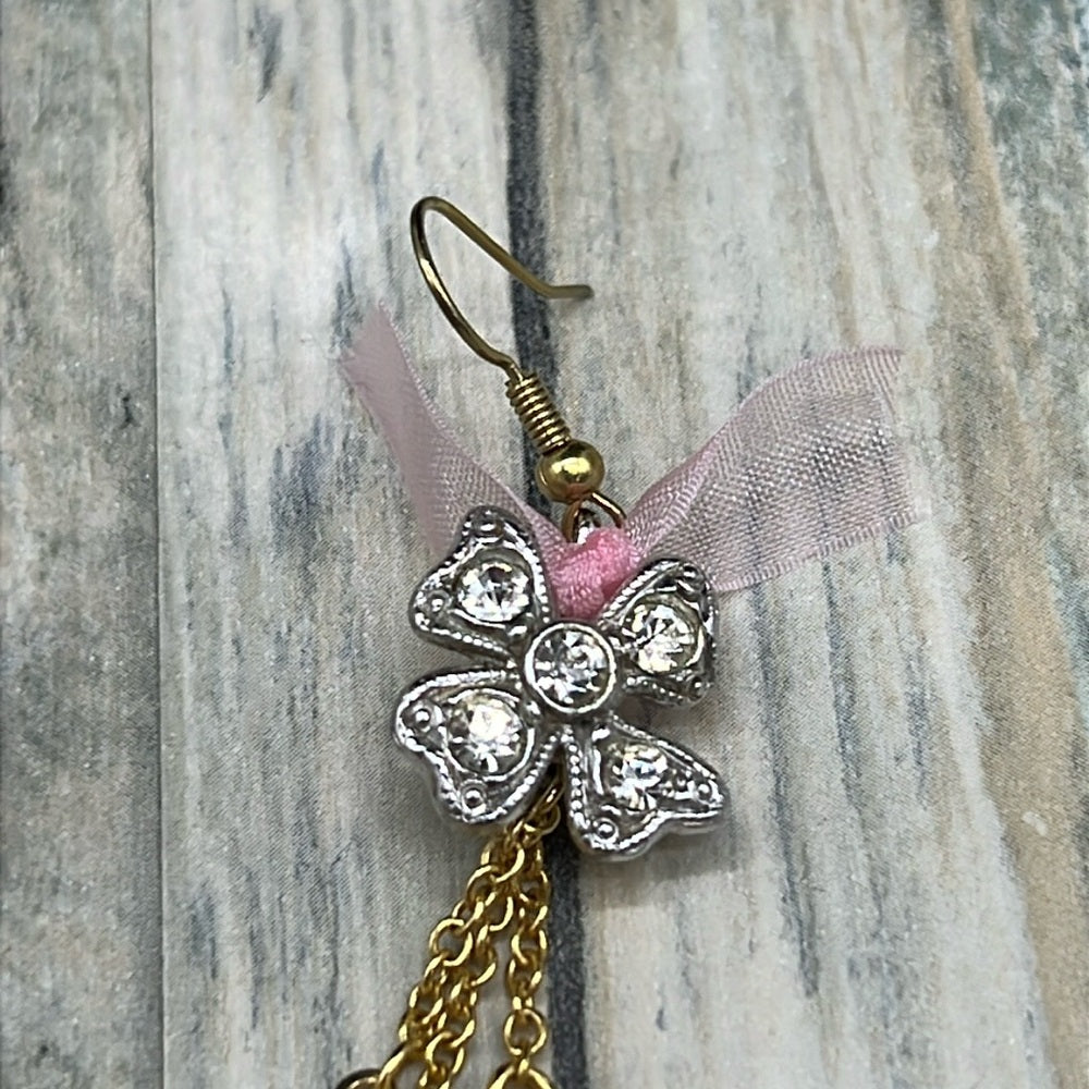 Adorned Crown Jewelry assemblage pink rhinestone bow triple stone earrings