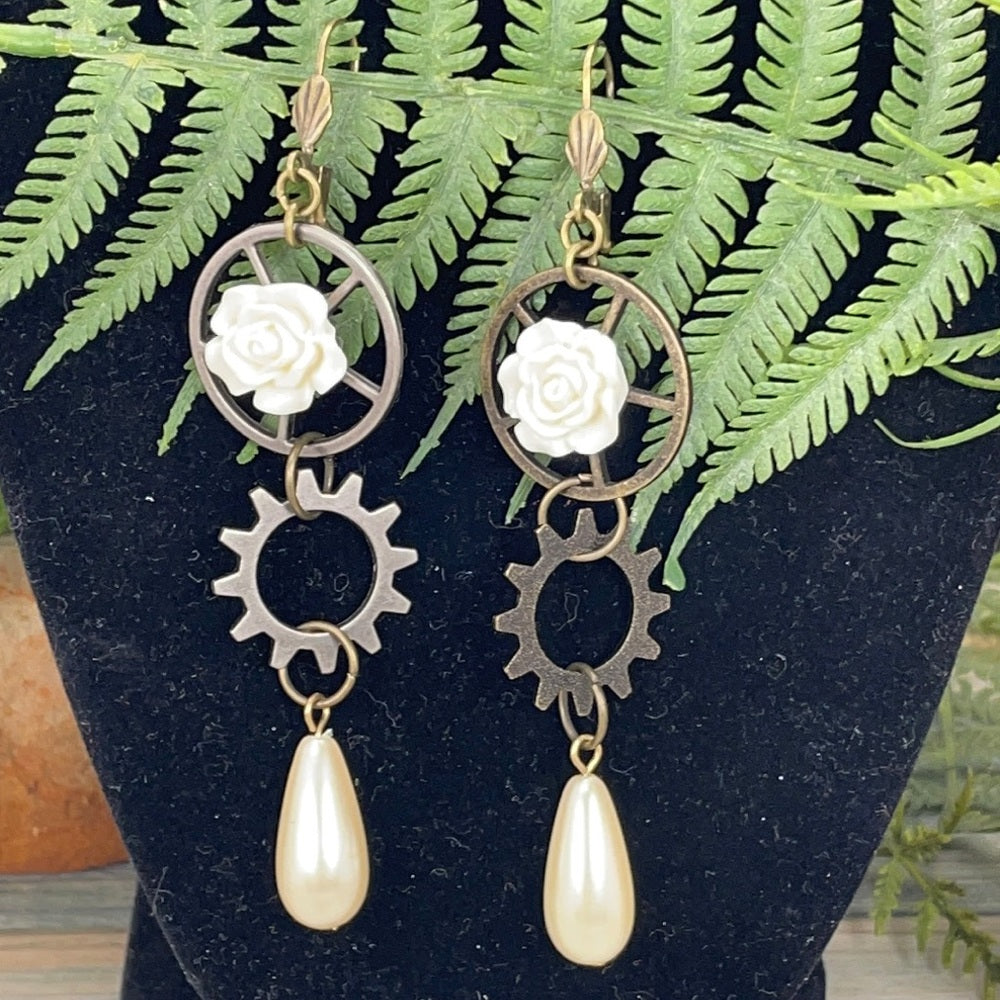 Adorned Crown assemblage steampunk gear white floral earrings