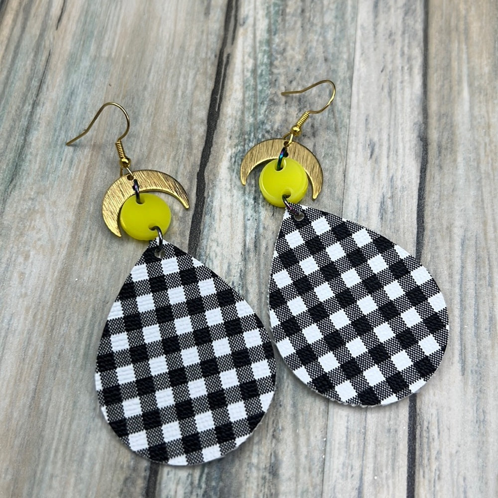 Adorned Crown Artisan Assemblage faux leather yellow acrylic moon earrings