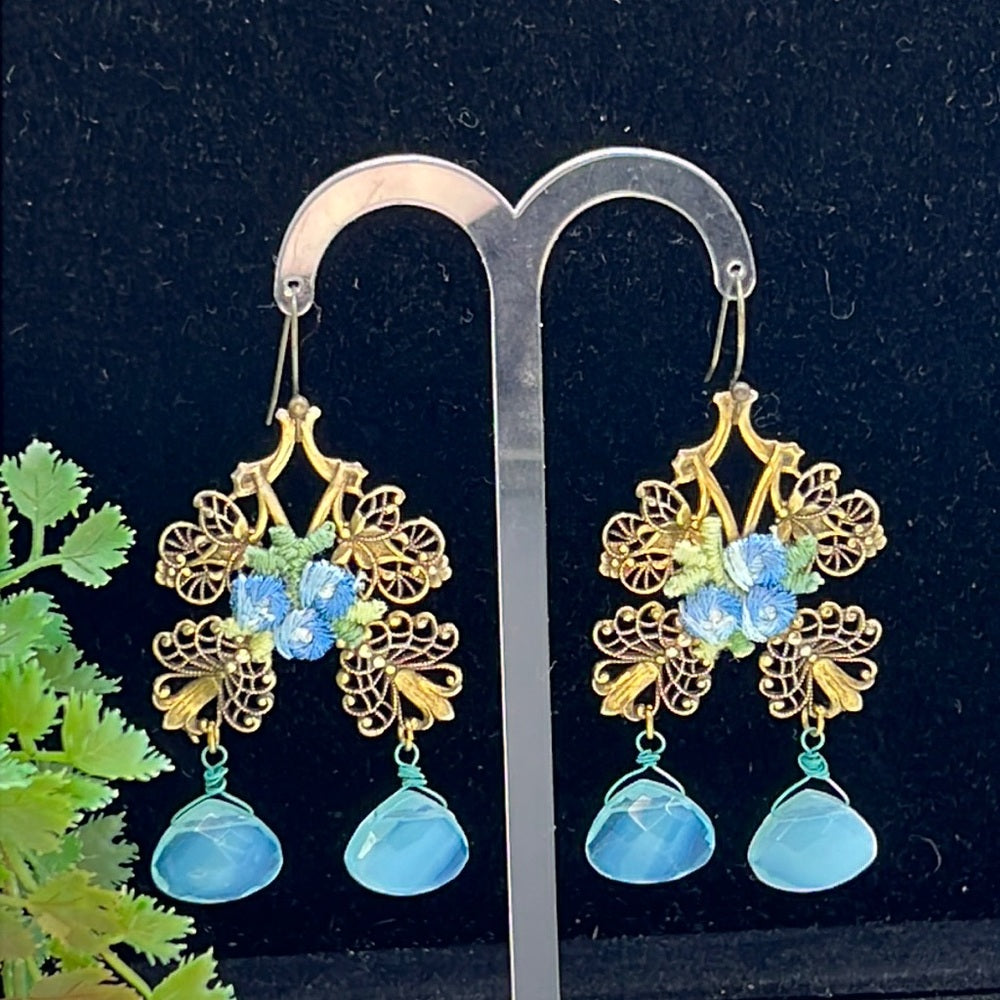 Adorned Crown Jewelry blue flower faceted briolette drop filigree earrings