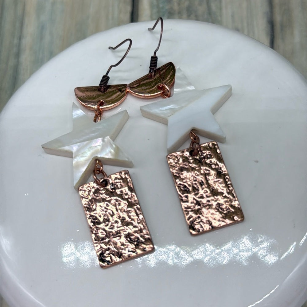 Adorned Crown Jewelry assemblage copper mother of pearl star earrings