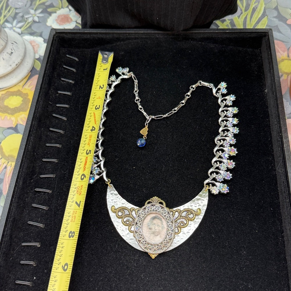 Adorned Crown Jewelry assemblage rhinestone filigree female image bib necklace
