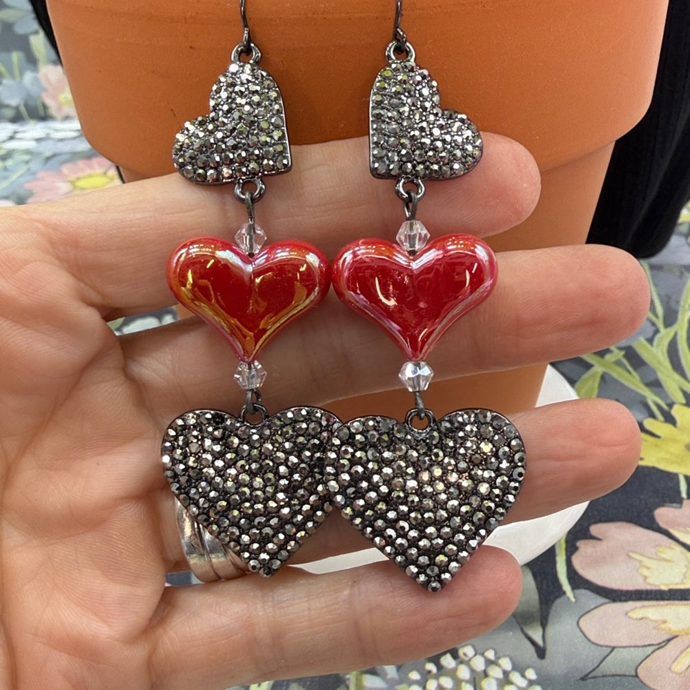 Adorned Crown Jewelry silver and red heart sparkle Valentine's Day earrings