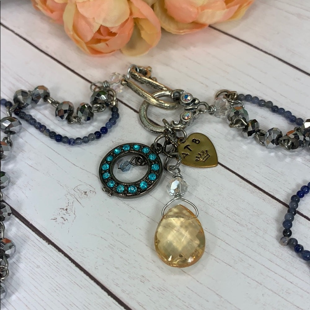 Adorned Crown artisan assemblage blue elements Pearl 2 strand necklace