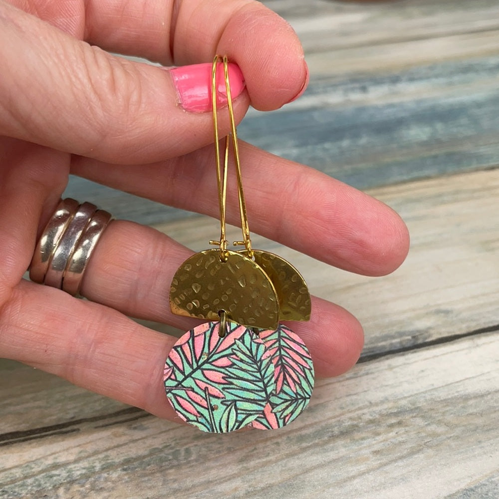 Adorned Crown geo tropical floral leather hammered brass earrings