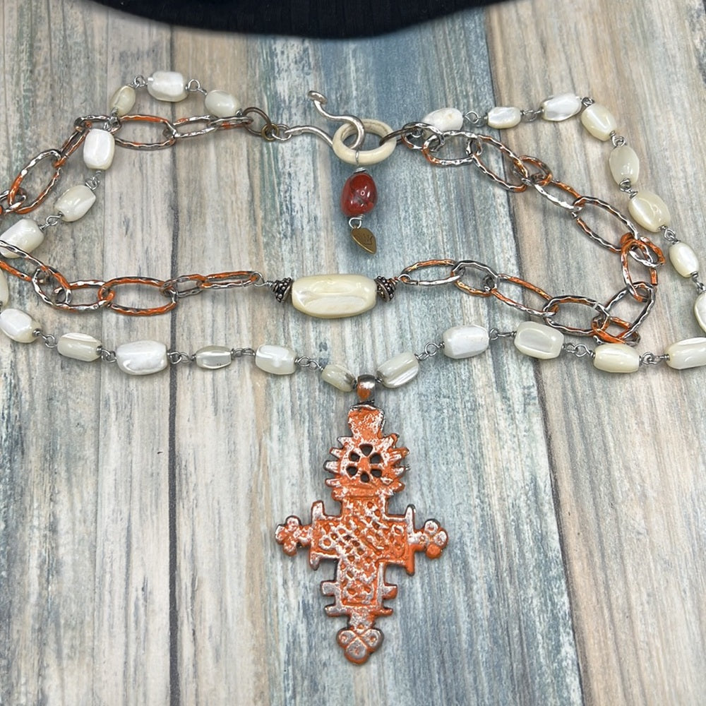 Adorned Crown necklace orange tribal cross mother of Pearl beads assemblage