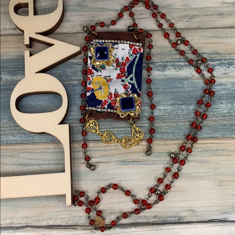 Adorned Crown artisan assemblage crazy quilted leather boho bead necklace