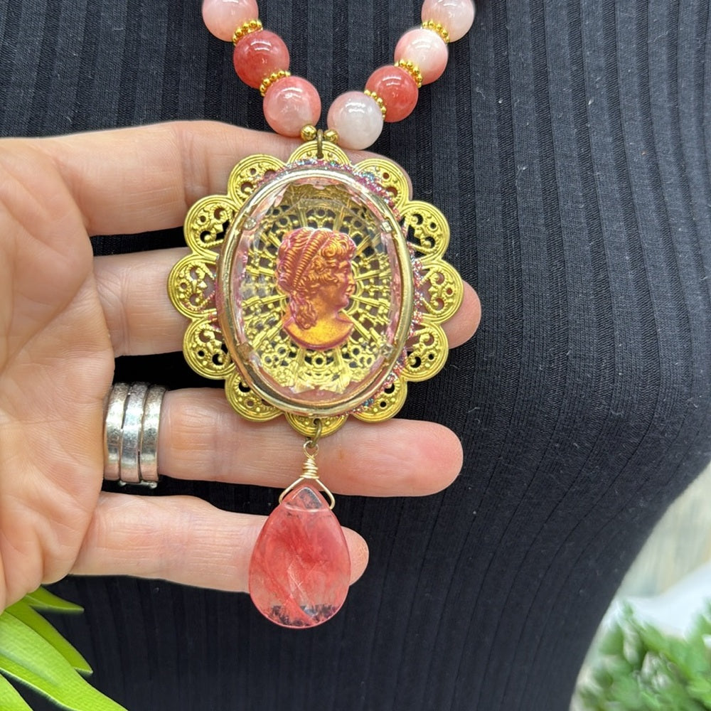 Adorned Crown Jewelry assemblage Persian jade intaglio pink statement necklace