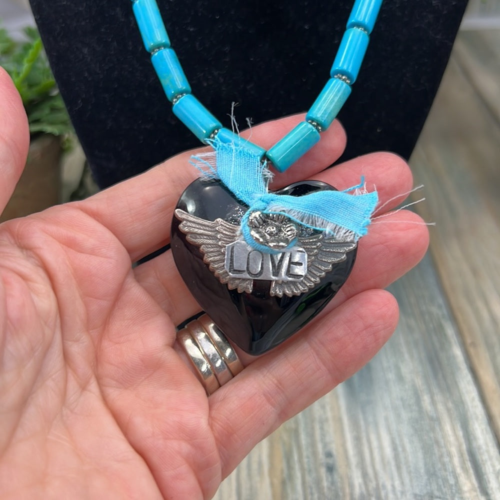 Adorned Crown Artisan Assemblage black heart turquoise love necklace