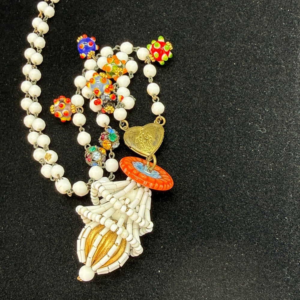 Adorned Crown Jewelry assemblage vintage white glass lamp work bead necklace