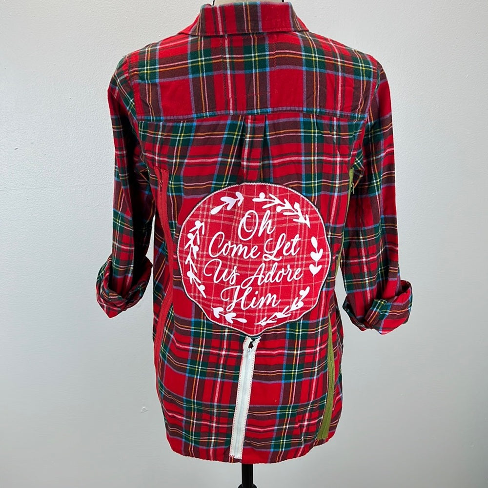 Adorned Crown Textile altered custom flannel Oh Come let us Adore Him shirt