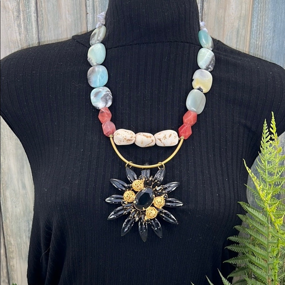 Adorned Crown Artisan Assemblage enamel black flower stone bead necklace