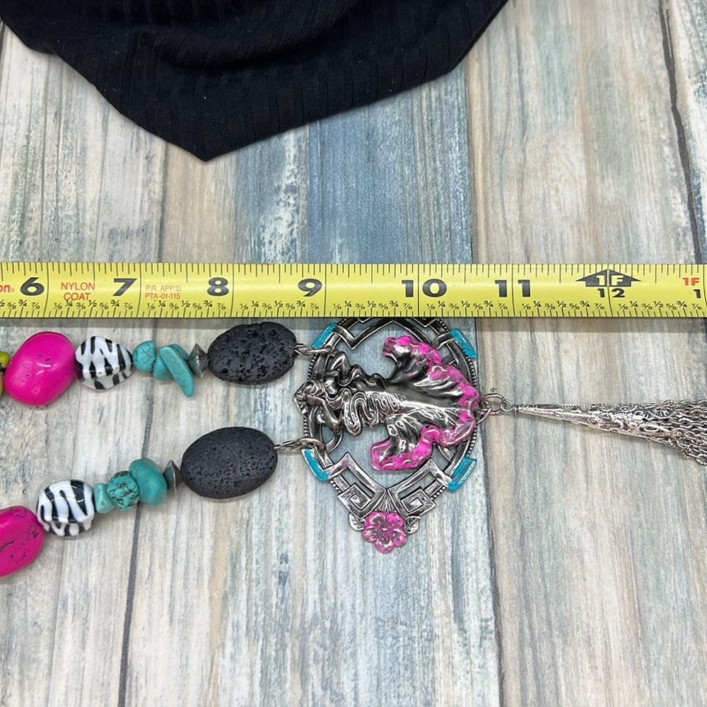 Adorned Crown Jewelry assemblage neon turquoise siren pendant tassel necklace