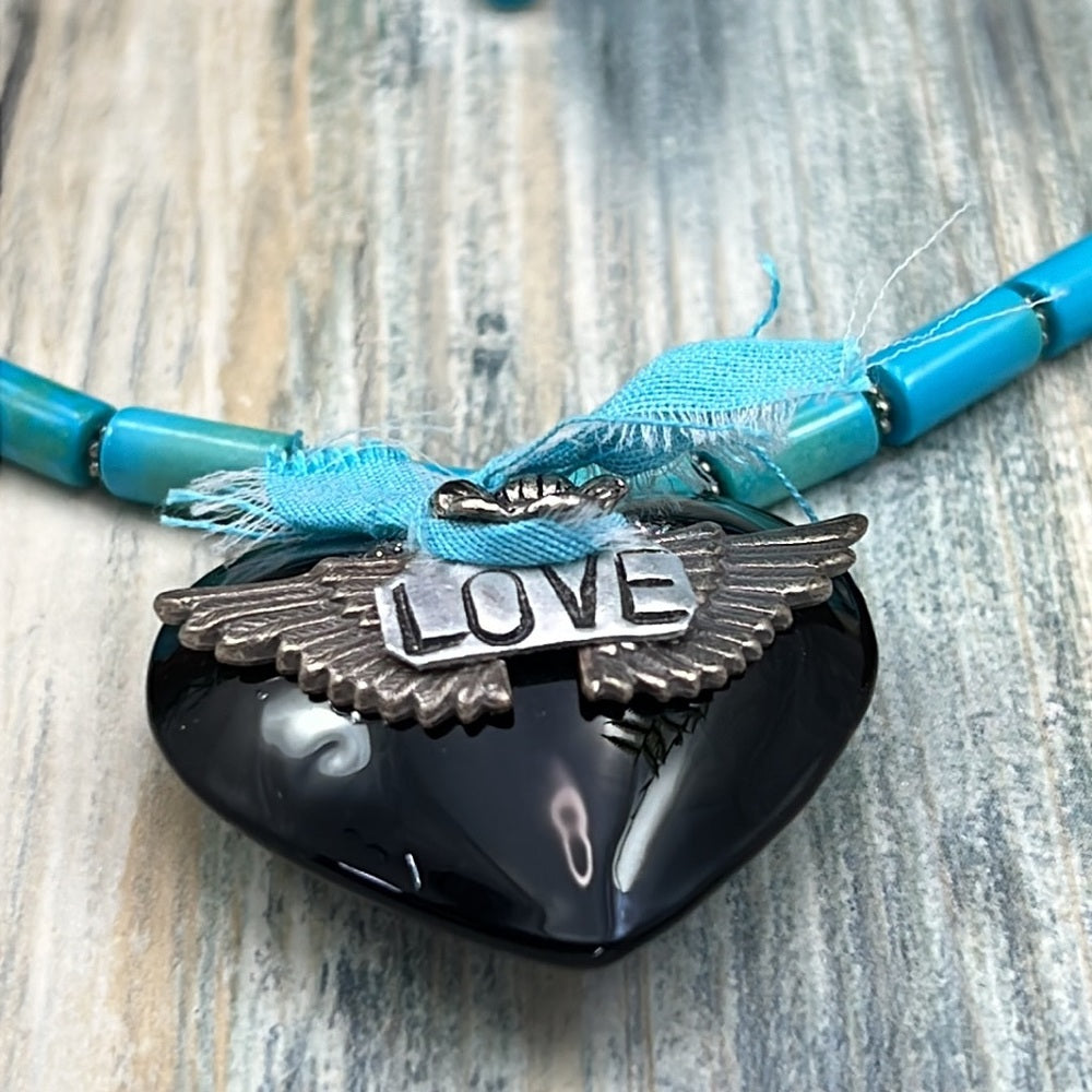 Adorned Crown Artisan Assemblage black heart turquoise love necklace