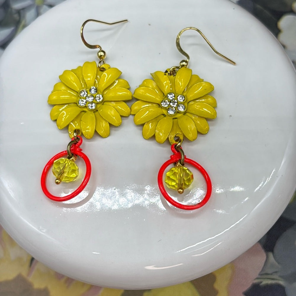 Adorned Crown yellow enamel daisy flower neon circle drop crystal earrings
