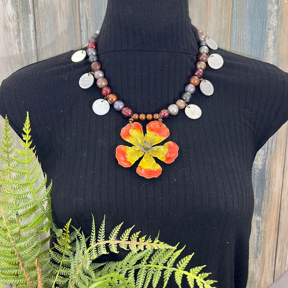 Adorned Crown Artisan Assemblage Tahitian Pearl coins enamel flower necklace