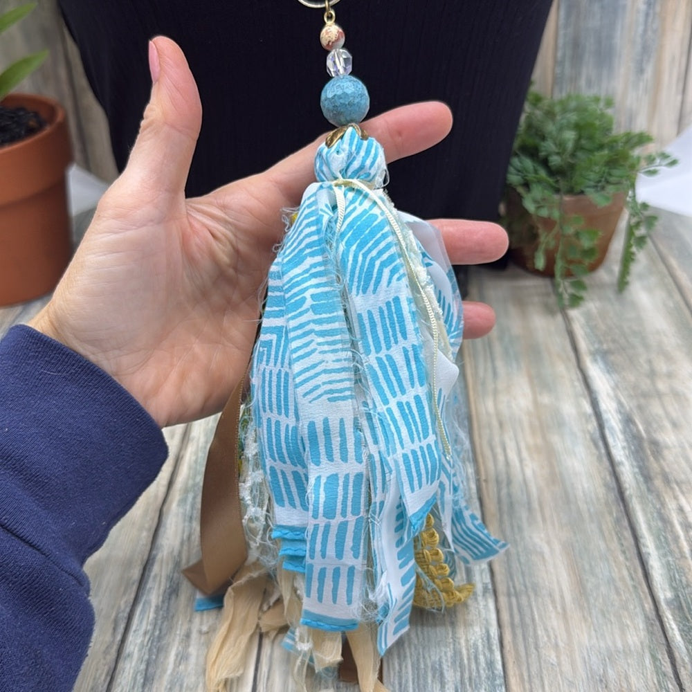 Adorned Crown Jewelry assemblage Bohemian silk ribbon Tassel Necklace Blue
