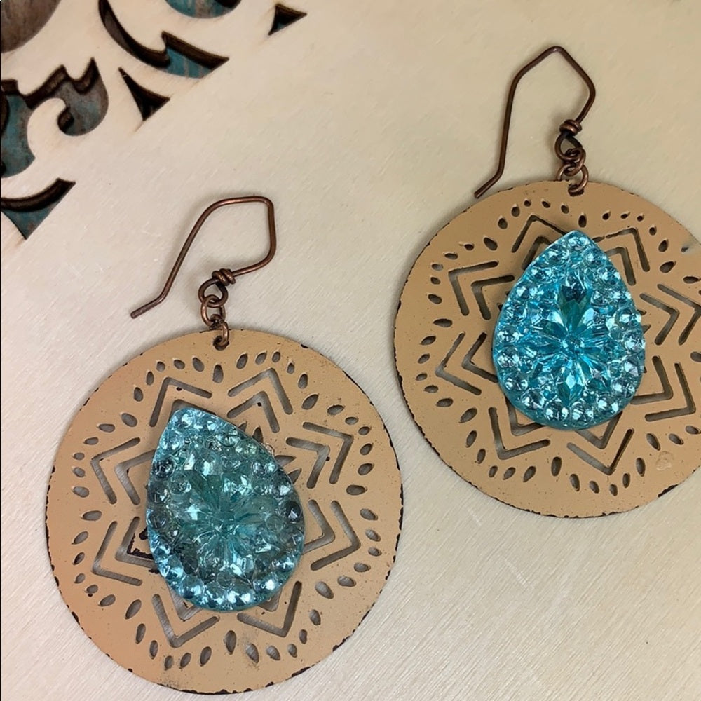 Adorned Crown assemblage boho Czech glass teal peach circle earrings