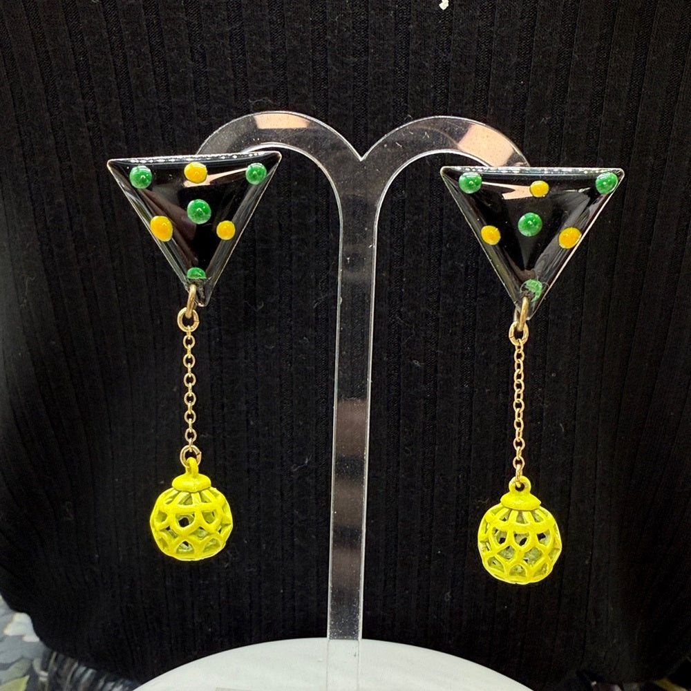 Adorned Crown Jewelry assemblage green triangle enamel cage drop post earrings