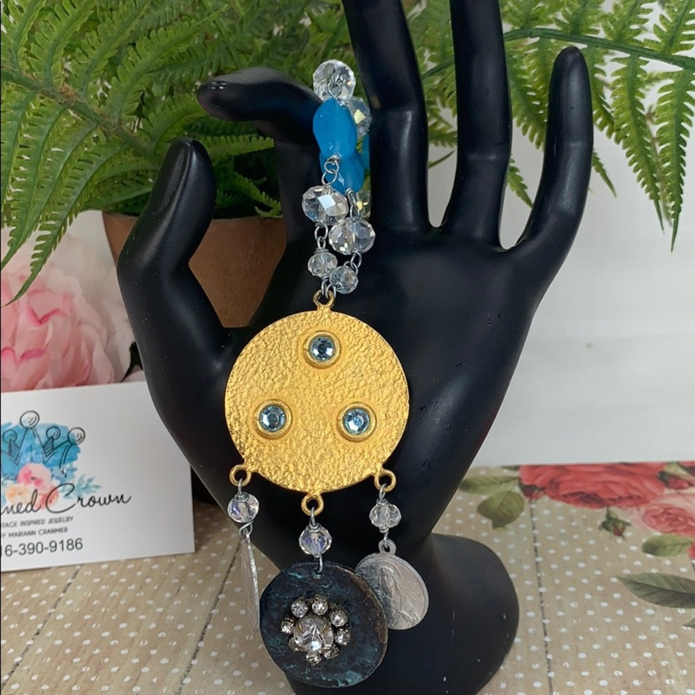 Adorned Crown artisan assemblage Religious medal glass bead necklace