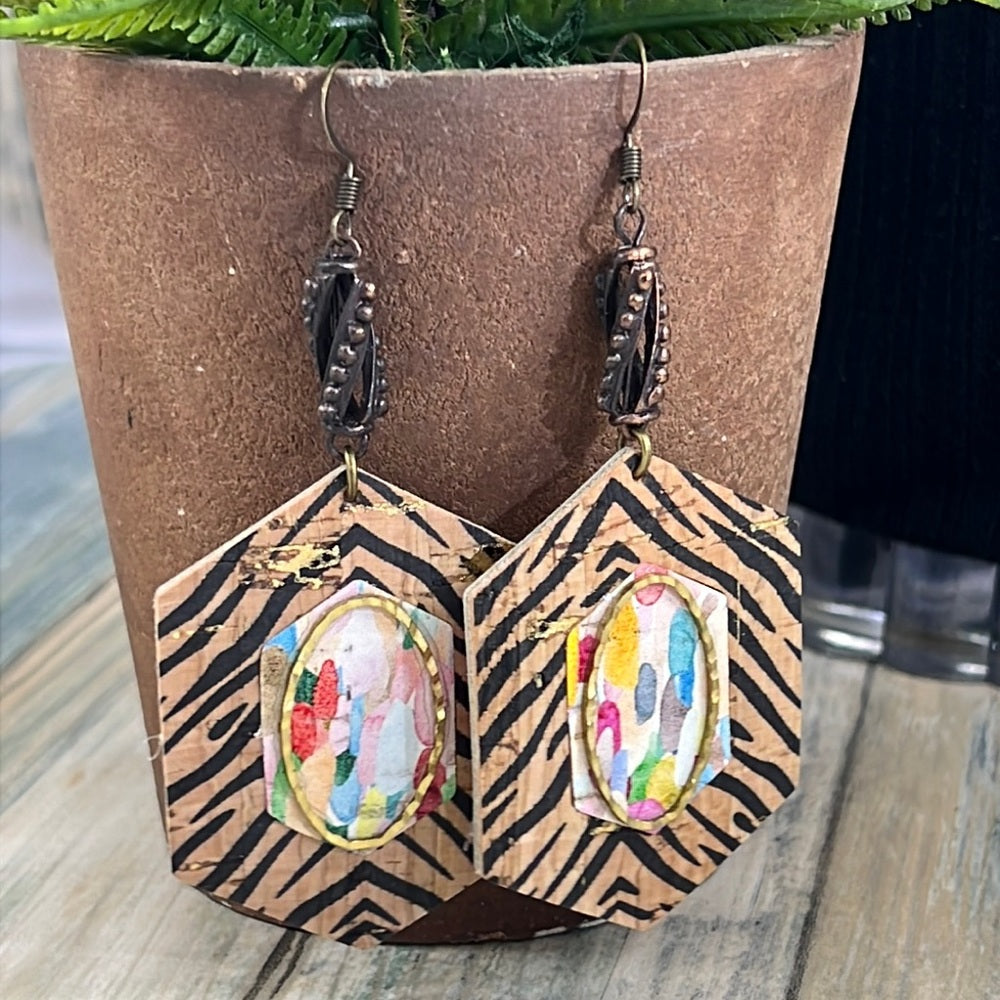 Adorned Crown Artisan Assemblage faux leather & metal zebra cork earrings