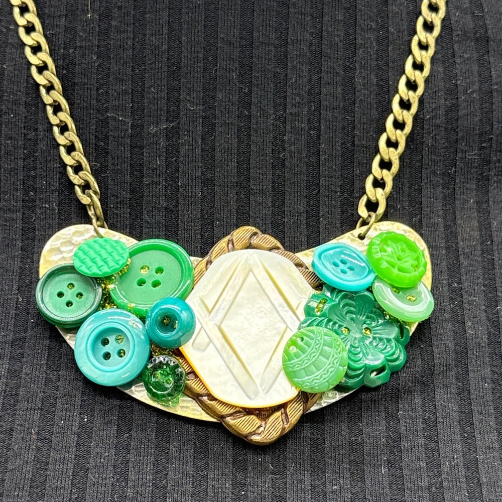 Adorned Crown Jewelry assemblage vintage button bib collage green necklace
