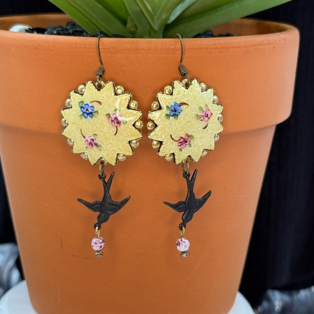 Adorned Crown Jewelry assemblage boho guilloche yellow floral bird earrings