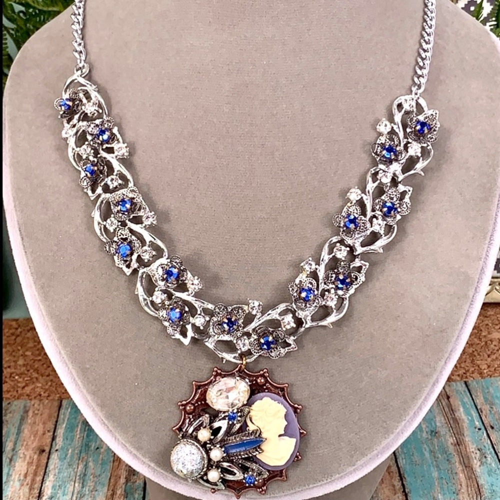 Adorned Crown Artisan assemblage “something blue” cluster rhinestone necklace
