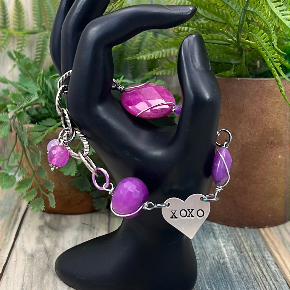Adorned Crown Artisan Assemblage dyed pink purple quartz xoxo heart bracelet