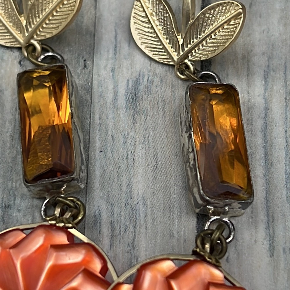 Adorned Crown Artisan Assemblage lucite button topaz gold leaf earrings