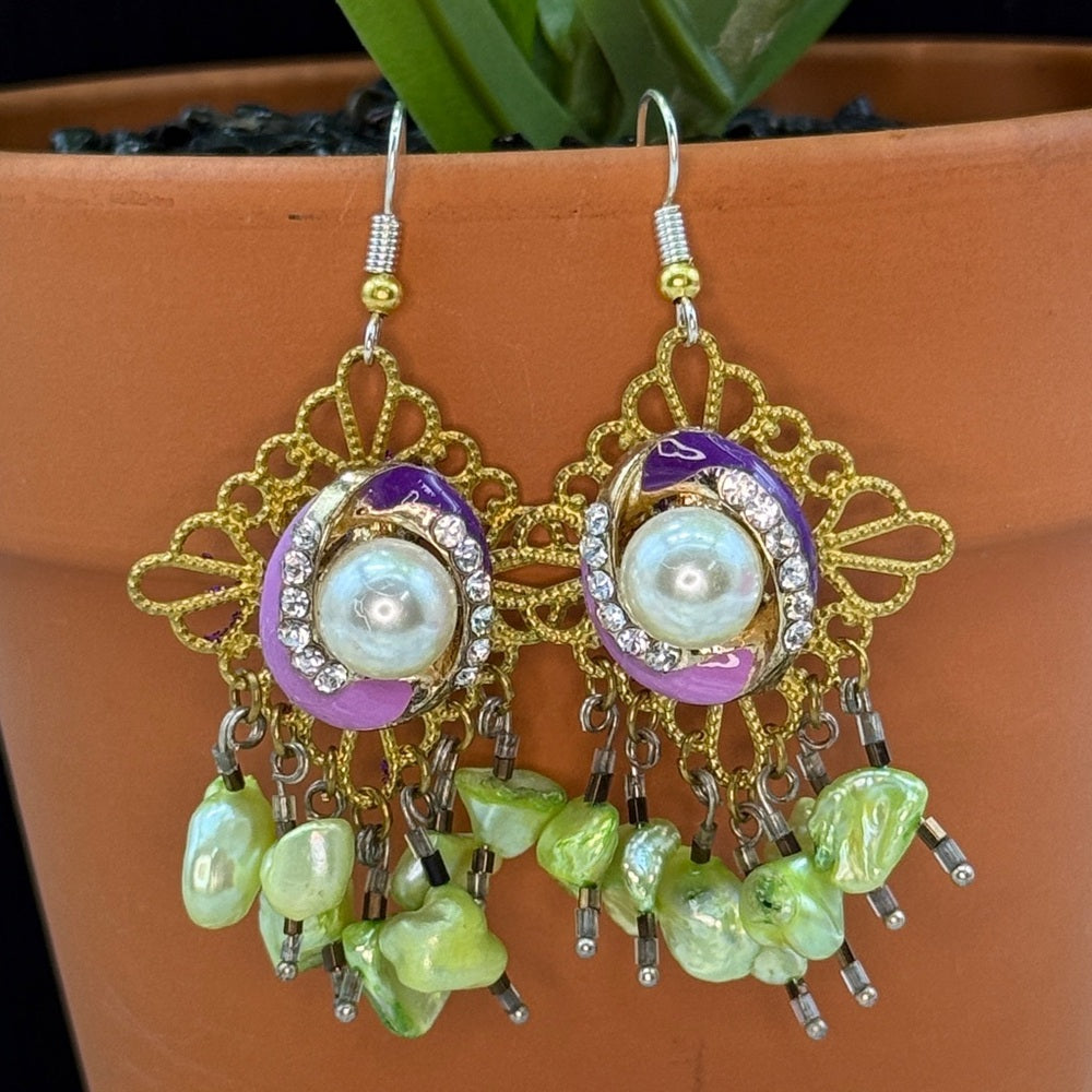 Adorned Crown Jewelry assemblage purple enamel green pearl filigree earrings