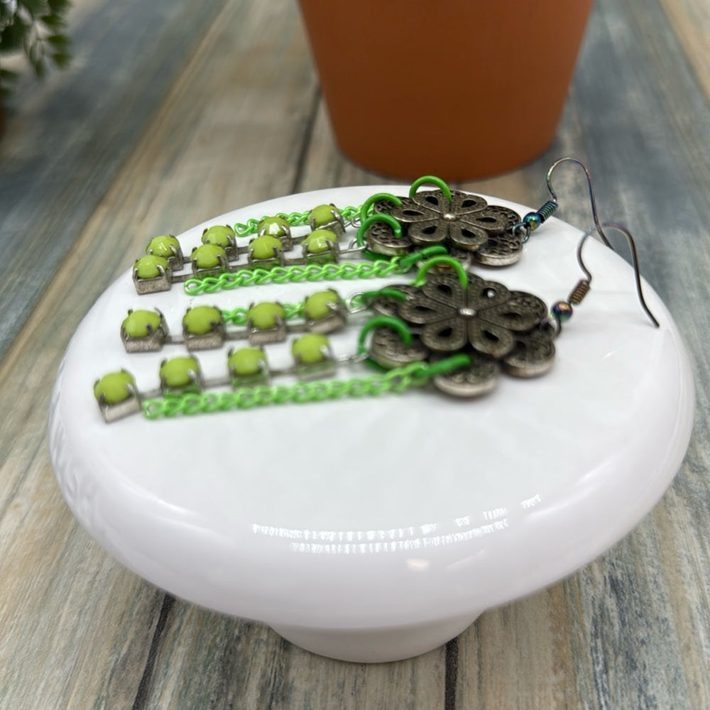 Adorned Crown Jewelry assemblage filigree flower Earrings green chain