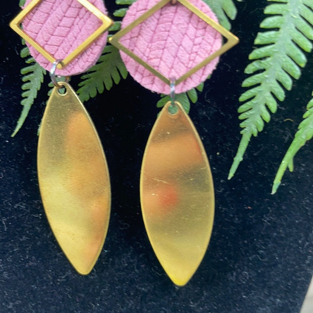 Adorned Crown leather disc brass drop earrings blush & diamond shape