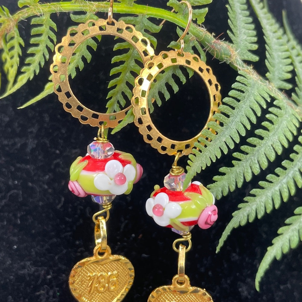 Adorned Crown lamp work floral bead heart charm earrings