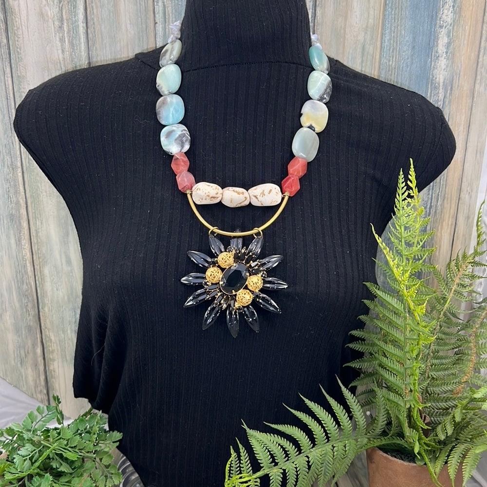 Adorned Crown Artisan Assemblage enamel black flower stone bead necklace