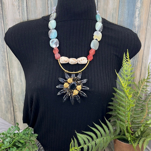 Adorned Crown Artisan Assemblage enamel black flower stone bead necklace
