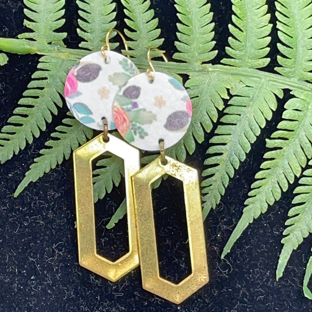 Adorned Crown geo abstract floral leather brass earrings