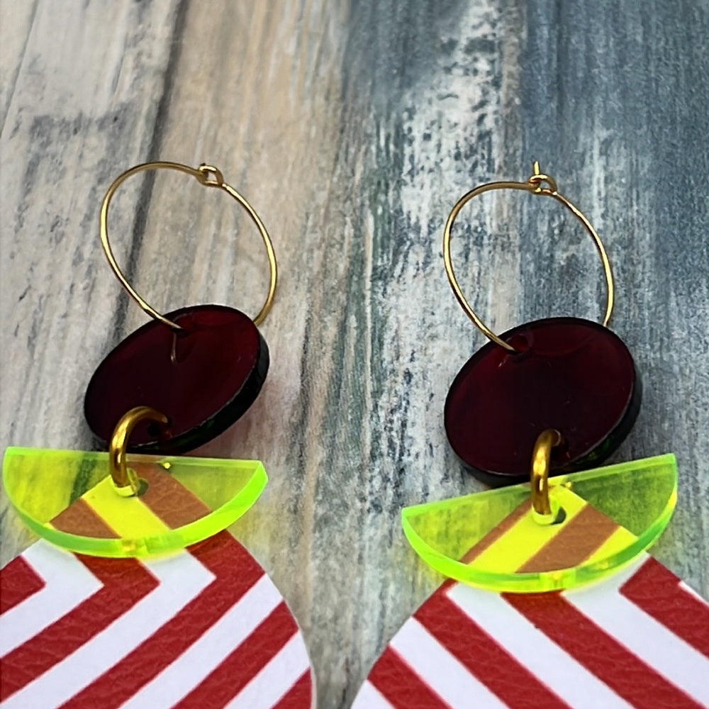 Adorned Crown Artisan Assemblage leather lucite red chevron earrings