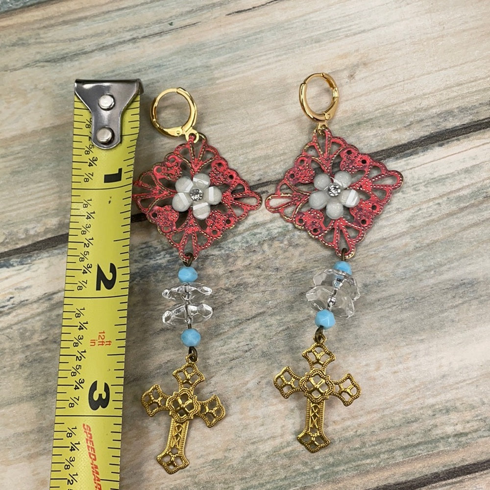 Adorned Crown artisan assemblage faith filigree cross lightweight earrings
