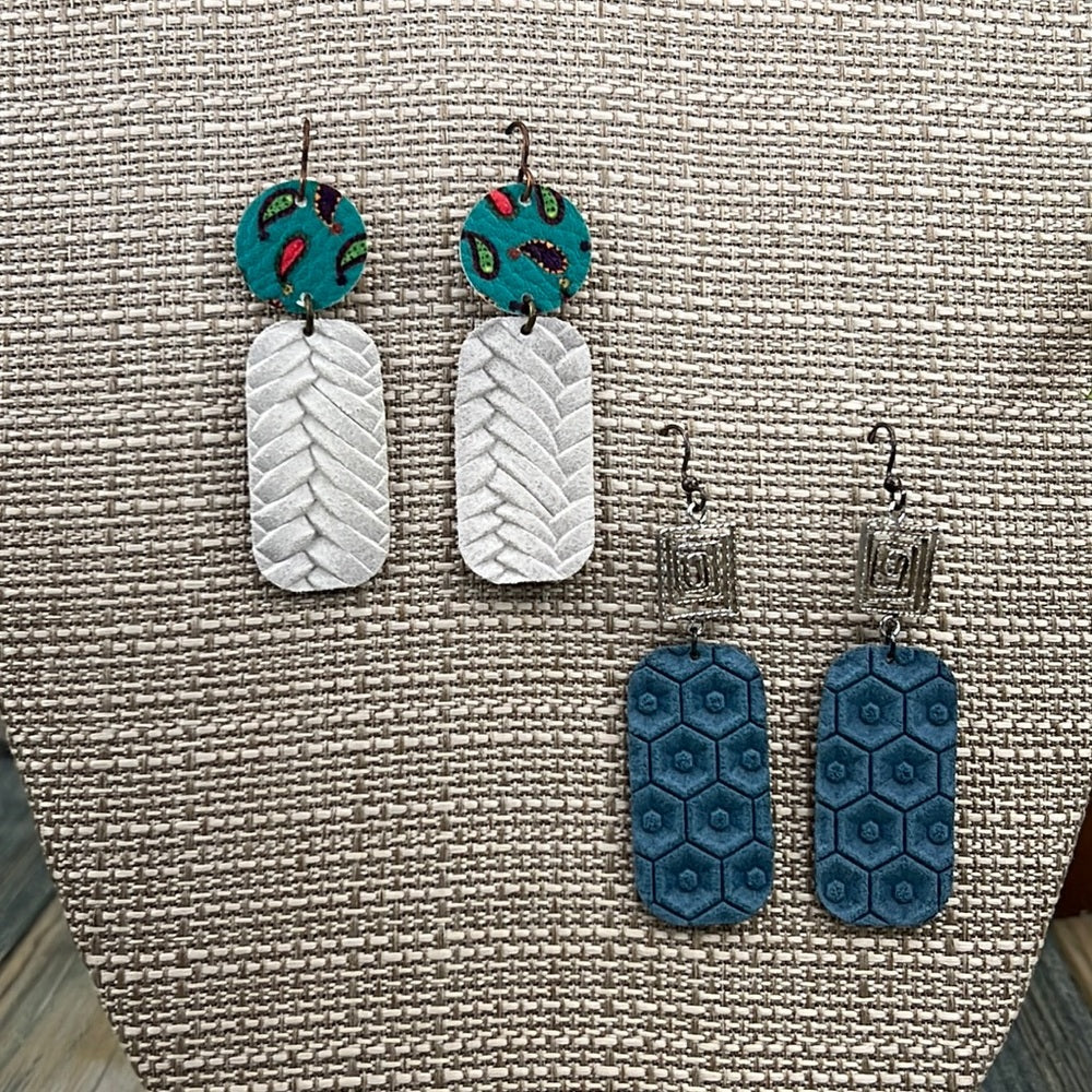 2 pair Adorned Crown Artisan Assemblage leather earrings swirl paisley